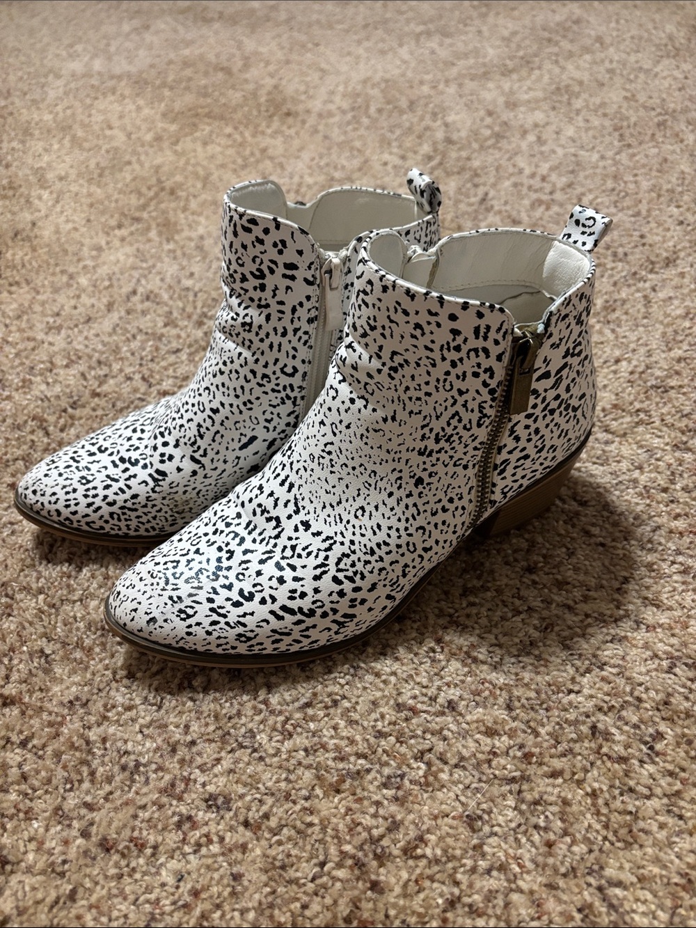 Women's White and Black Leopard Print Ankle Boots